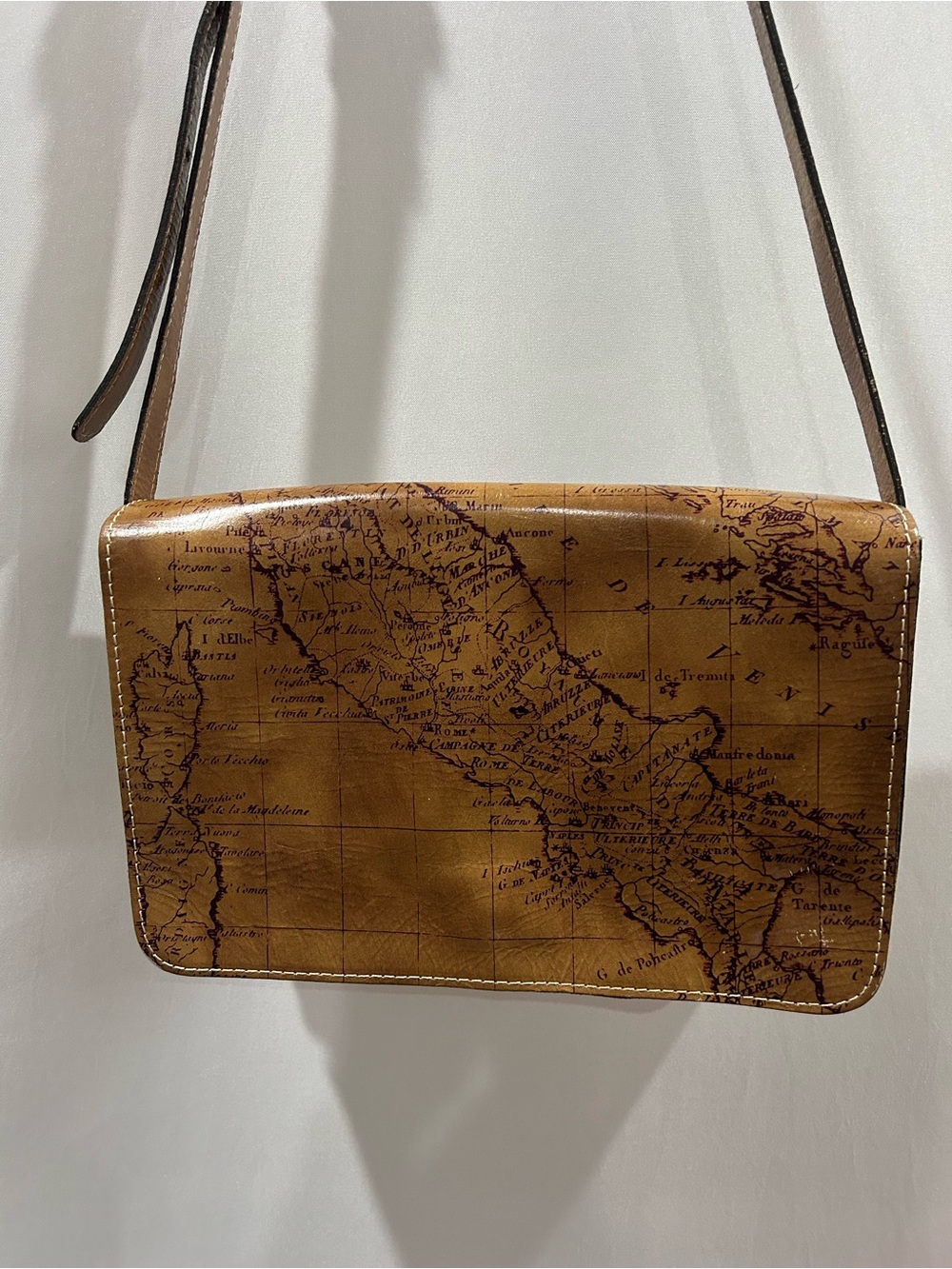 Patricia Nash Tan Map-Print Leather Crossbody